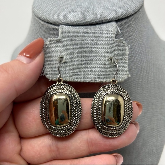 Vintage Monet Silver Tone Round Rectangle Braided Design Dangle Earrings - Picture 1 of 9